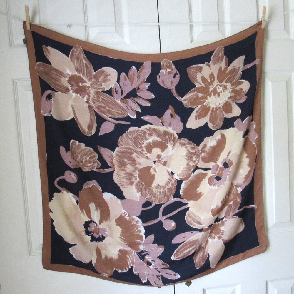 Vintage Daffodil & Pansy 100% Silk Scarf Large Size Italy Blue Gold Floral